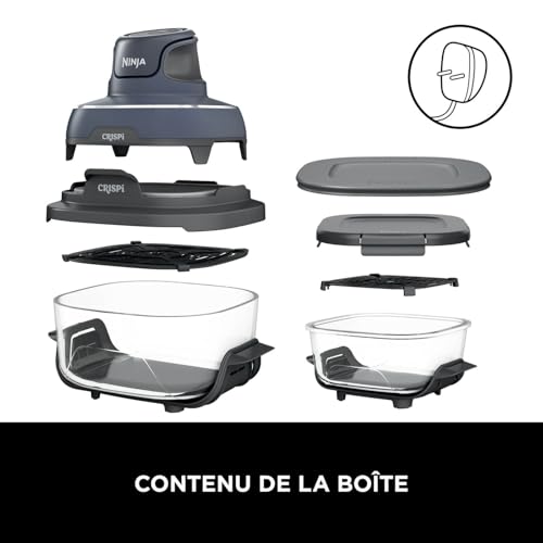 CRISPi Friteuse sans huile portable, 3,8L, 4-en-1 : Frire sans huile, Rôtir, Garder au chaud, Recroustiller, Design compact, 2 récipients avec couvercles, 1 700 W, Gris