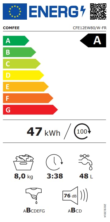 Lave-linge frontal 8KG, Classe énergétique A, Moteur BLDC 1400 tr-min, 15 Programmes, Prélavage, Blanc [Classe énergétique A]