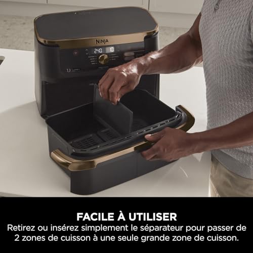 Foodi FlexDrawer Air Fryer, Dual Zone Avec Séparateur Amovible, Grand Tiroir de 10.4 L, 7-en-1, Double Zone, Pièces Antiadhésives Compatibles Au Lave-Vaisselle, Noir & Cuivre
