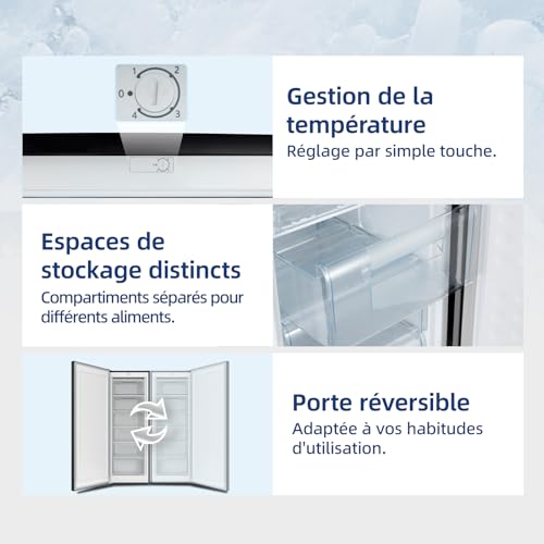 Congélateur armoire – 177L, Congélation 4 étoiles, Ultra silencieux (39 dB), Design en acier noir, Pieds réglables, Porte réversible 540 x 550 x 1440 mm