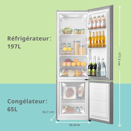 Réfrigérateur combiné 262L pour la maison - Grande capacité au quotidien - Technologie Low Frost - Silencieux (39 dB) - Acier inoxydable
