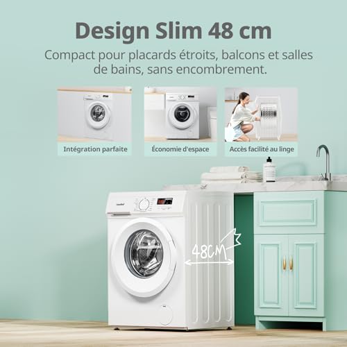 Lave-linge frontal 8KG, Classe énergétique A, Moteur BLDC 1400 tr-min, 15 Programmes, Prélavage, Blanc [Classe énergétique A]