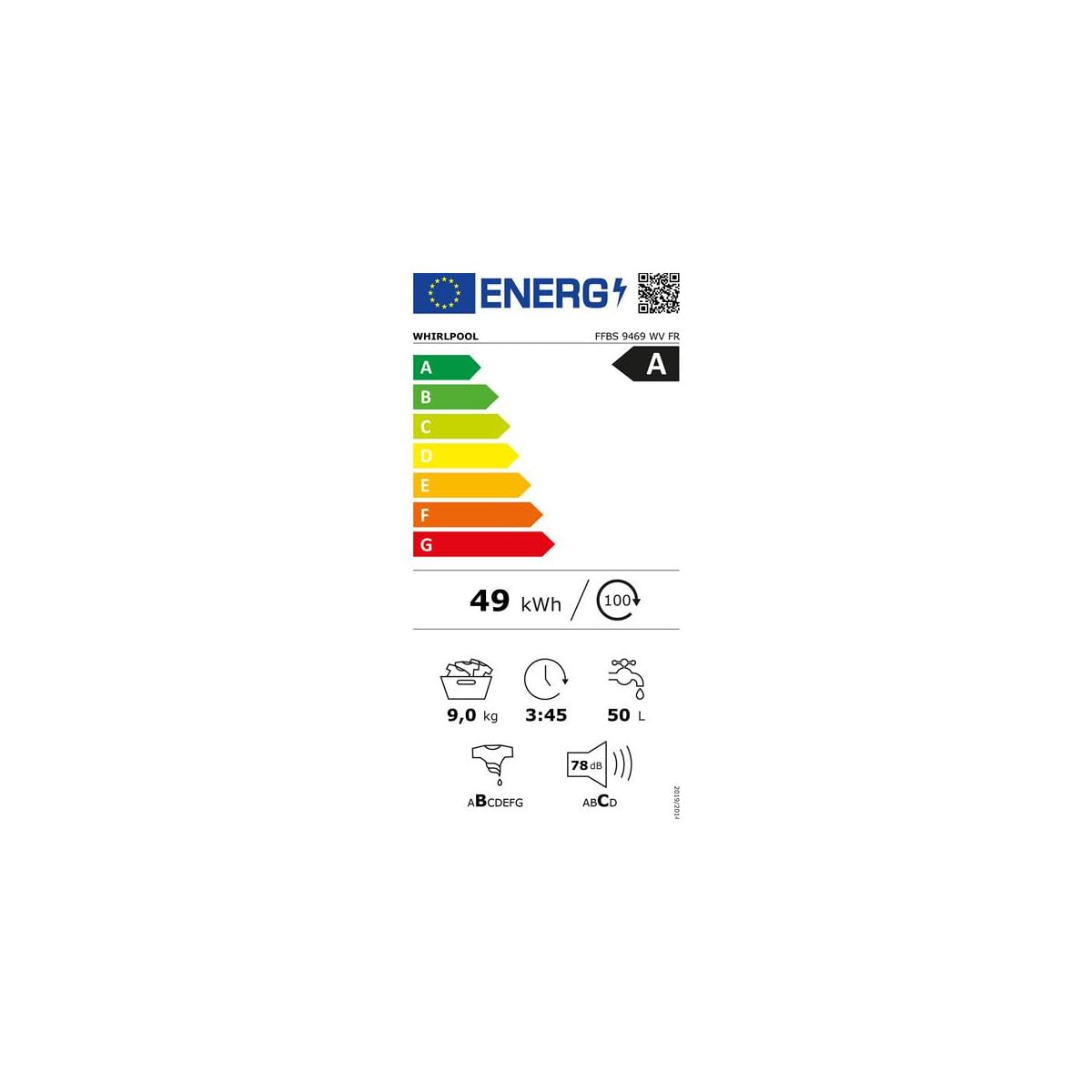 Lave-linge Frontal 9 kg - Classe A - 1400 trs/min - Moteur Induction - Vapeur - Blanc