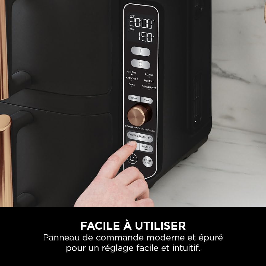Double Stack XL Air Fryer 2 Compartiments Verticale, Compact, 4 Niveaux de Cuisson, Capacité de 9,5L, Air Fryer 6-en 1, Pièces Antiadhésives Amovibles Lavables Au Lave-Vaisselle, Noir/Cuivre