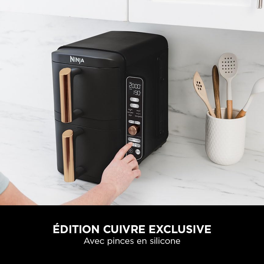 Double Stack XL Air Fryer 2 Compartiments Verticale, Compact, 4 Niveaux de Cuisson, Capacité de 9,5L, Air Fryer 6-en 1, Pièces Antiadhésives Amovibles Lavables Au Lave-Vaisselle, Noir/Cuivre