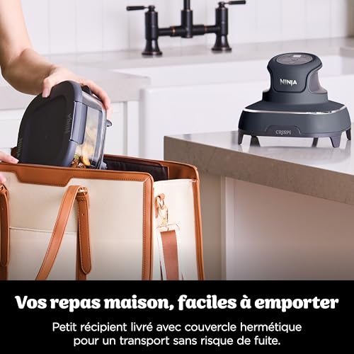CRISPi Friteuse sans huile portable, 3,8L, 4-en-1 : Frire sans huile, Rôtir, Garder au chaud, Recroustiller, Design compact, 2 récipients avec couvercles, 1 700 W, Gris