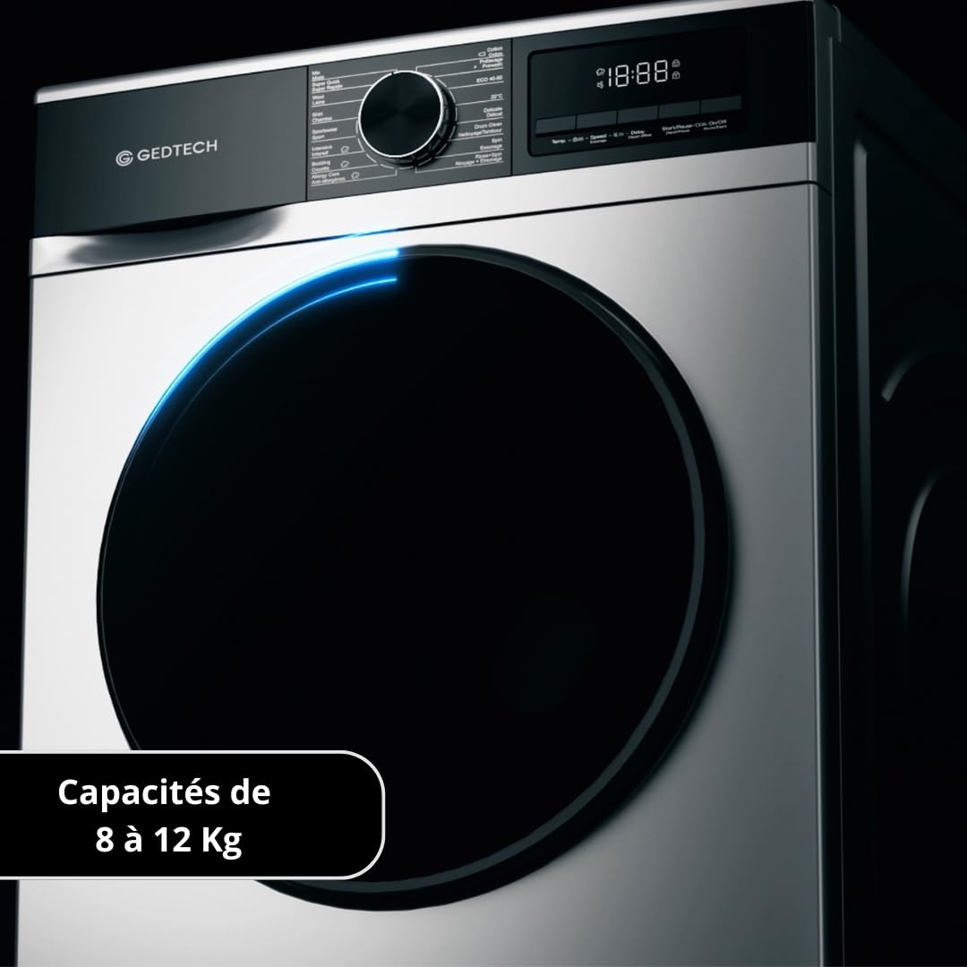 Lave-linge frontal - 12 Kg - 1400 tr/mn - 16 programmes - Eco - Intensif - Rapide – Très Faible conso - Classe A-20% (Blanc, 12 Kg)