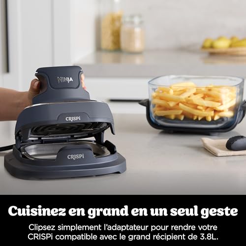 CRISPi Friteuse sans huile portable, 3,8L, 4-en-1 : Frire sans huile, Rôtir, Garder au chaud, Recroustiller, Design compact, 2 récipients avec couvercles, 1 700 W, Gris