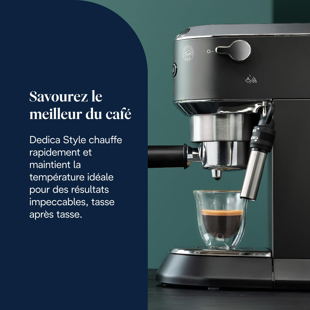 Dedica Style - Perfetto Machine à Expresso Compacte, Mousseur de Lait Manuel pour Expresso et Cappuccino, Compatible Dosettes ESE, Panneau de Commande à Boutons, Largeur 15cm, Noir(EC685.BK)