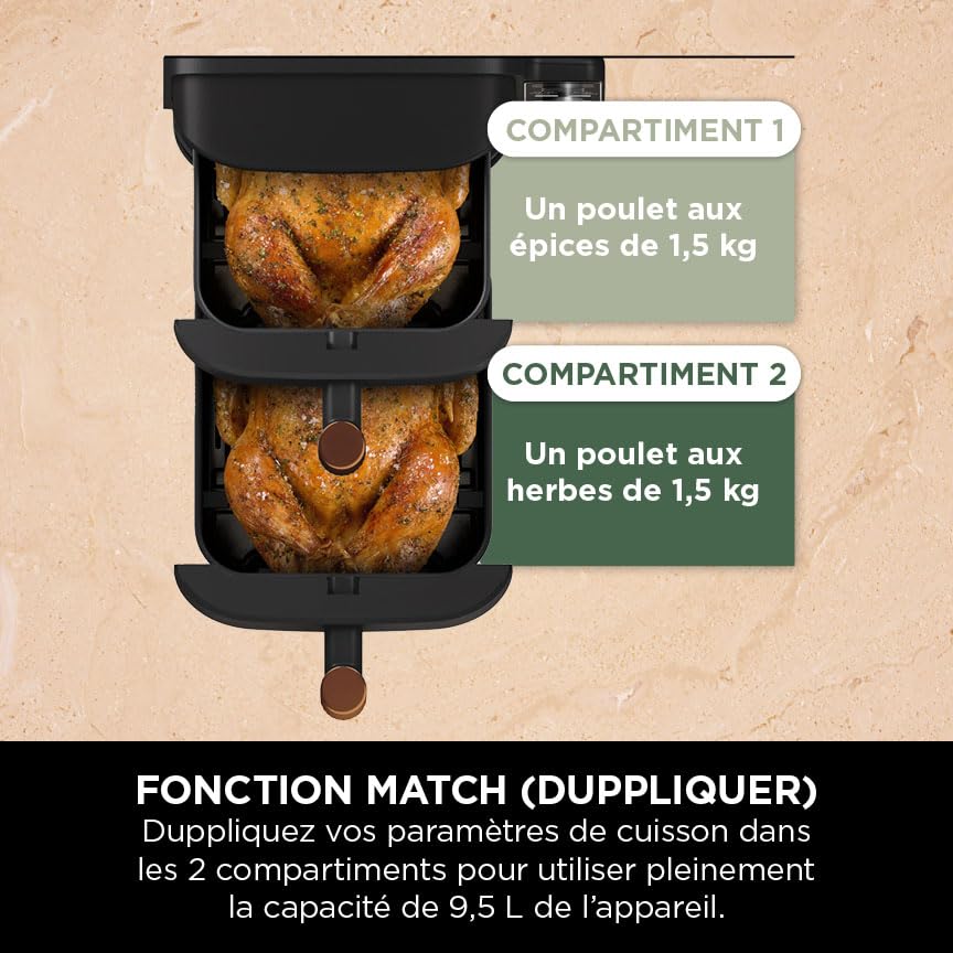 Double Stack XL Air Fryer 2 Compartiments Verticale, Compact, 4 Niveaux de Cuisson, Capacité de 9,5L, Air Fryer 6-en 1, Pièces Antiadhésives Amovibles Lavables Au Lave-Vaisselle, Noir/Cuivre