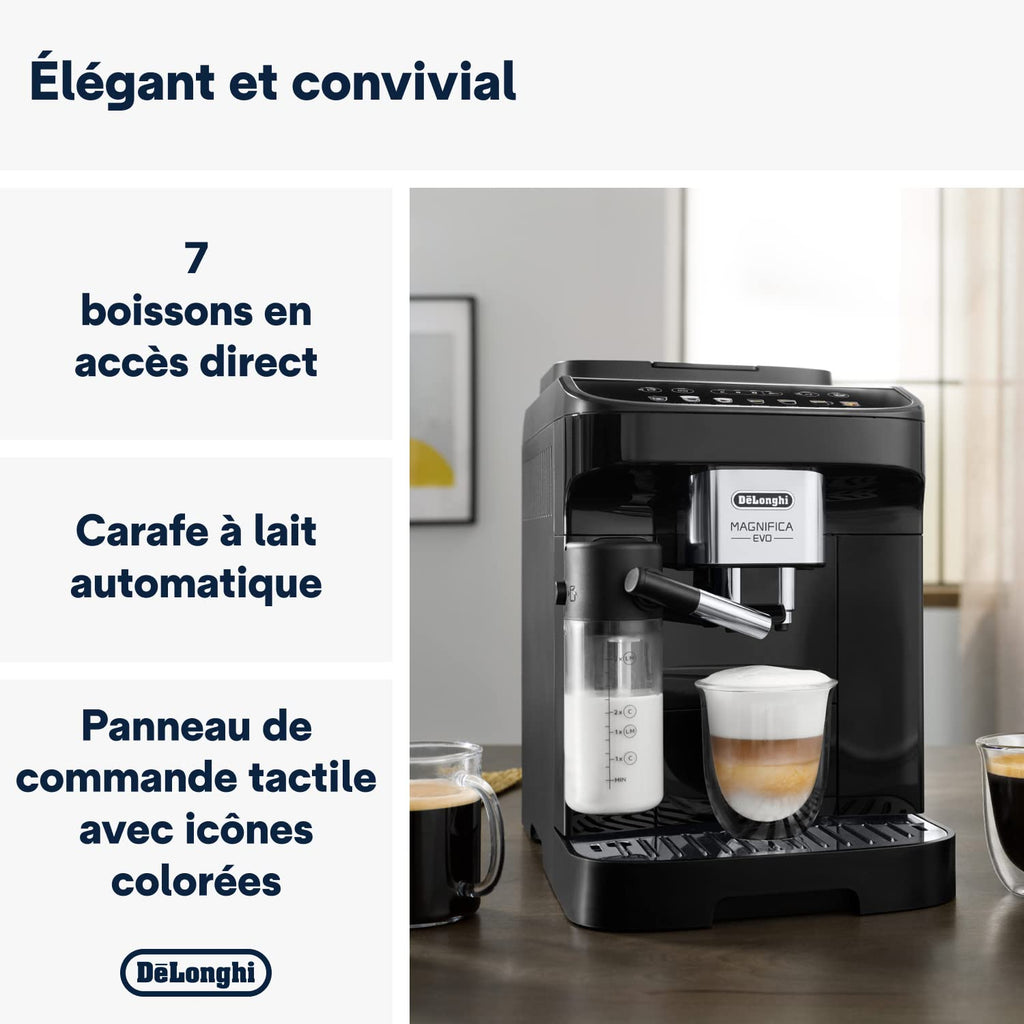 Magnifica Evo, Machine à Café et Cappucino avec Broyeur à Grains, Noir