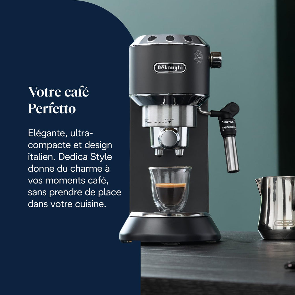 Dedica Style - Perfetto Machine à Expresso Compacte, Mousseur de Lait Manuel pour Expresso et Cappuccino, Compatible Dosettes ESE, Panneau de Commande à Boutons, Largeur 15cm, Noir(EC685.BK)