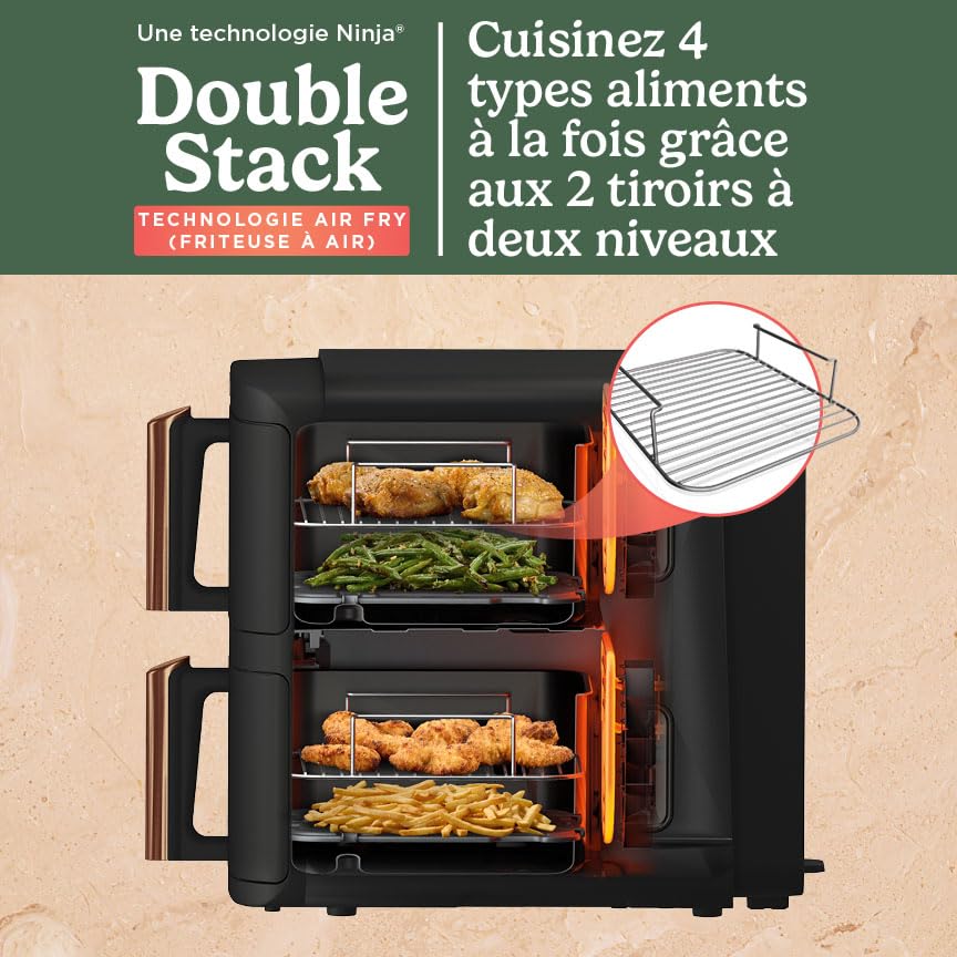 Double Stack XL Air Fryer 2 Compartiments Verticale, Compact, 4 Niveaux de Cuisson, Capacité de 9,5L, Air Fryer 6-en 1, Pièces Antiadhésives Amovibles Lavables Au Lave-Vaisselle, Noir/Cuivre