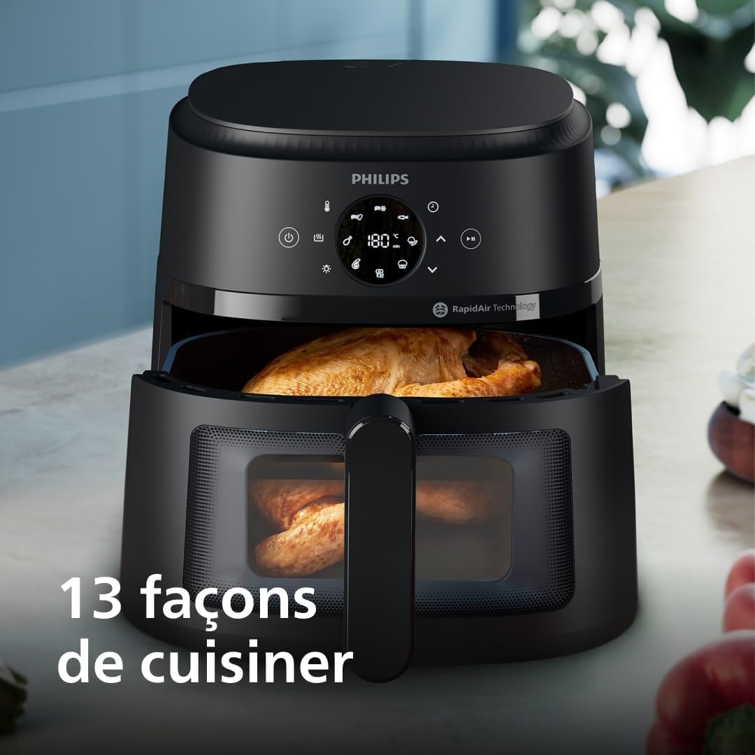 Airfryer Série 2000 - Air Fryer 6.2L, 13 modes de cuisson, technologie RapidAir, jusqu'à 90% de matières grasses en moins, fenêtre de cuisson, écran tactile, Noir