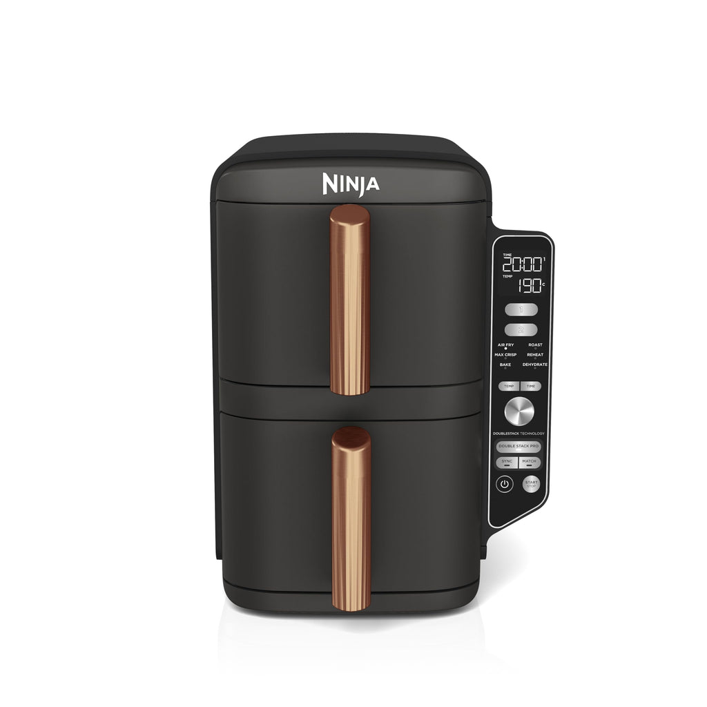 Double Stack XL Air Fryer 2 Compartiments Verticale, Compact, 4 Niveaux de Cuisson, Capacité de 9,5L, Air Fryer 6-en 1, Pièces Antiadhésives Amovibles Lavables Au Lave-Vaisselle, Noir/Cuivre