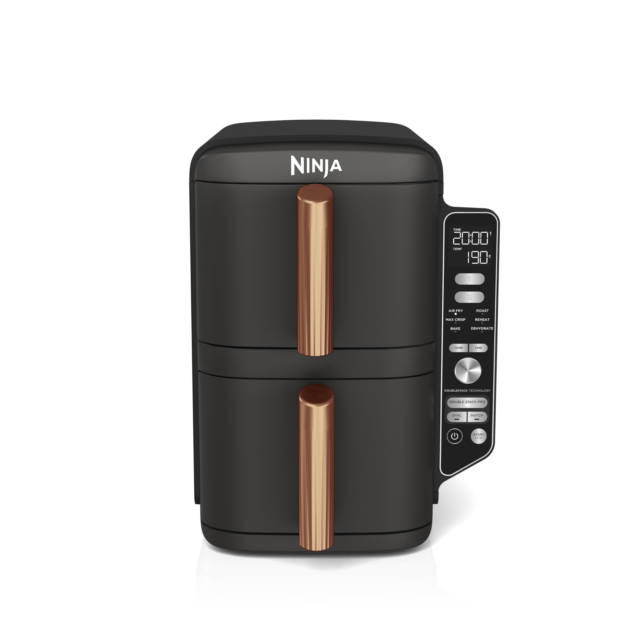 Double Stack XL Air Fryer 2 Compartiments Verticale, Compact, 4 Niveaux de Cuisson, Capacité de 9,5L, Air Fryer 6-en 1, Pièces Antiadhésives Amovibles Lavables Au Lave-Vaisselle, Noir/Cuivre