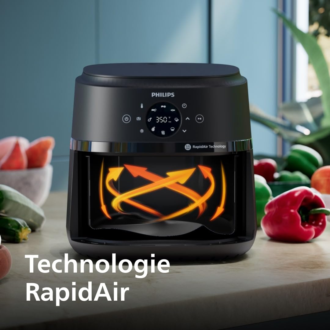 Airfryer Série 2000 - Air Fryer 6.2L, 13 modes de cuisson, technologie RapidAir, jusqu'à 90% de matières grasses en moins, fenêtre de cuisson, écran tactile, Noir