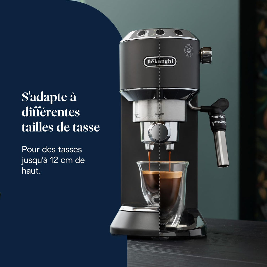 Dedica Style - Perfetto Machine à Expresso Compacte, Mousseur de Lait Manuel pour Expresso et Cappuccino, Compatible Dosettes ESE, Panneau de Commande à Boutons, Largeur 15cm, Noir(EC685.BK)