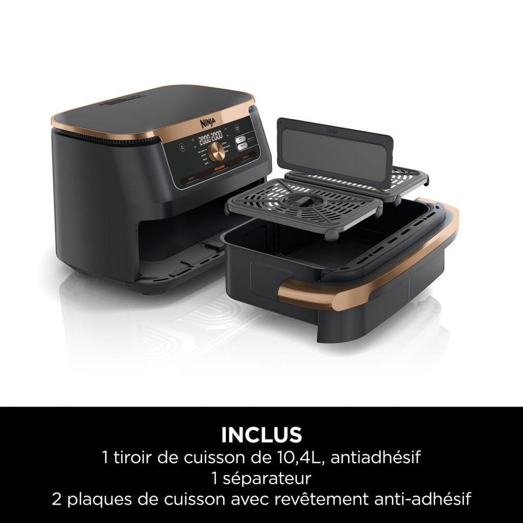 Foodi FlexDrawer Air Fryer, Dual Zone Avec Séparateur Amovible, Grand Tiroir de 10.4 L, 7-en-1, Double Zone, Pièces Antiadhésives Compatibles Au Lave-Vaisselle, Noir & Cuivre