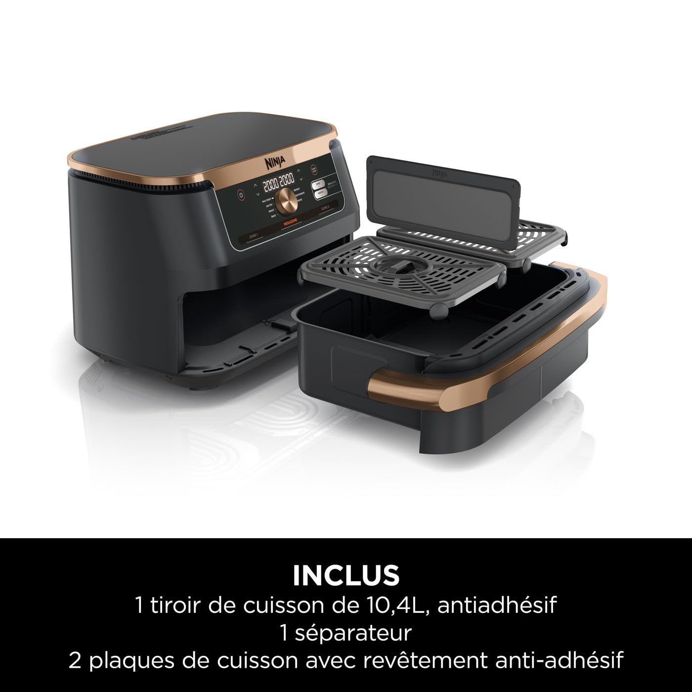 Foodi FlexDrawer Air Fryer, Dual Zone Avec Séparateur Amovible, Grand Tiroir de 10.4 L, 7-en-1, Double Zone, Pièces Antiadhésives Compatibles Au Lave-Vaisselle, Noir & Cuivre