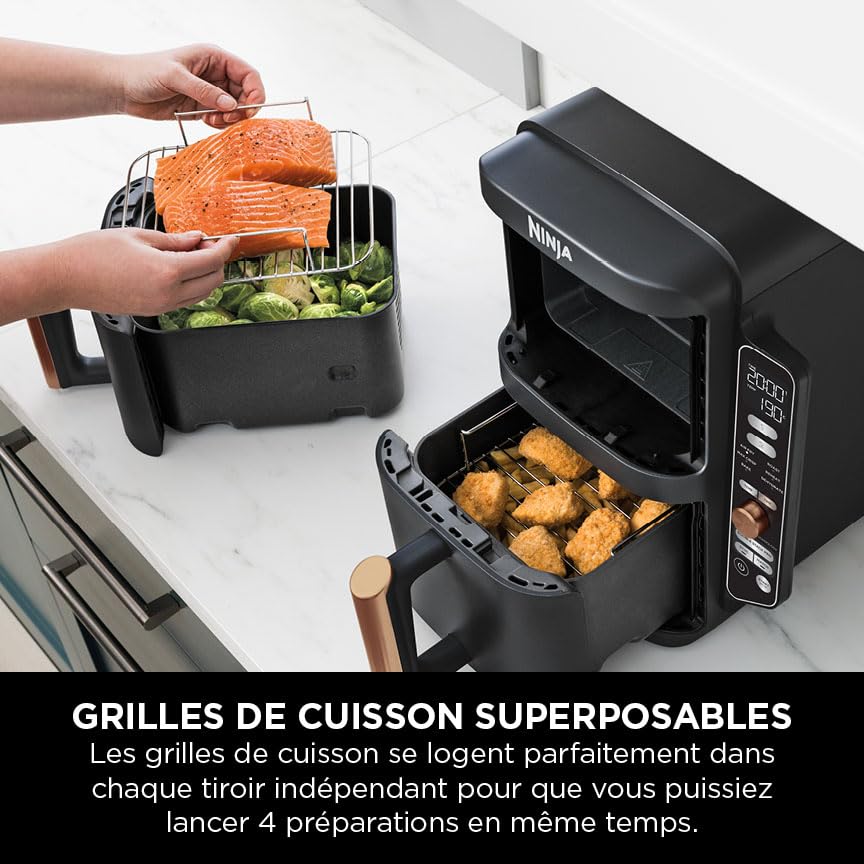 Double Stack XL Air Fryer 2 Compartiments Verticale, Compact, 4 Niveaux de Cuisson, Capacité de 9,5L, Air Fryer 6-en 1, Pièces Antiadhésives Amovibles Lavables Au Lave-Vaisselle, Noir/Cuivre