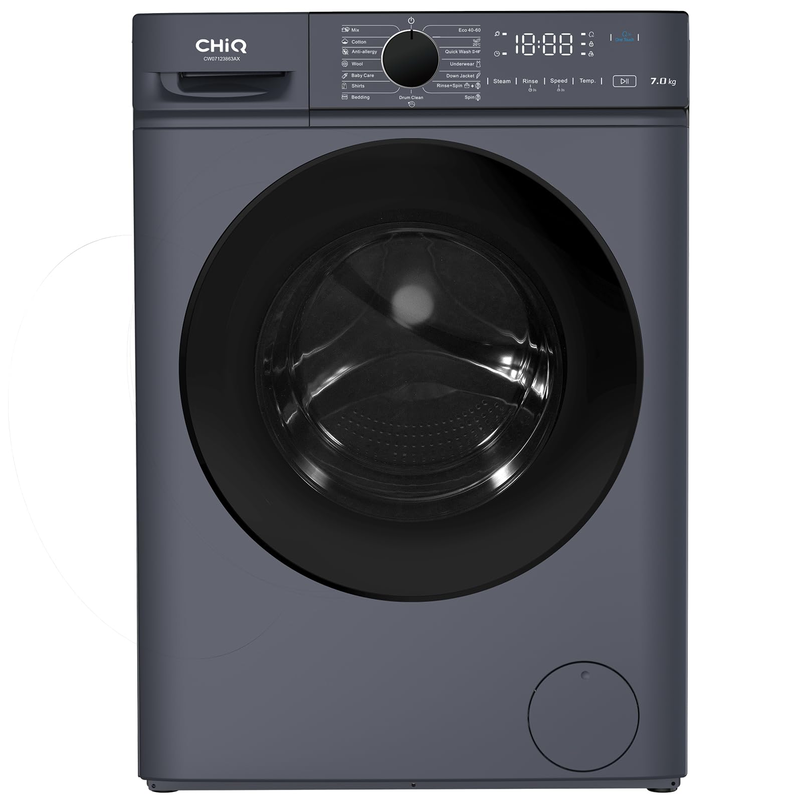 Lave linge hublot - 7kg, Classe énergétique A, Moteur BLDC 1200 RPM, Lavage vapeur & rapide, 15 programmes, Design compact (60x46.5x84cm) - Gris
