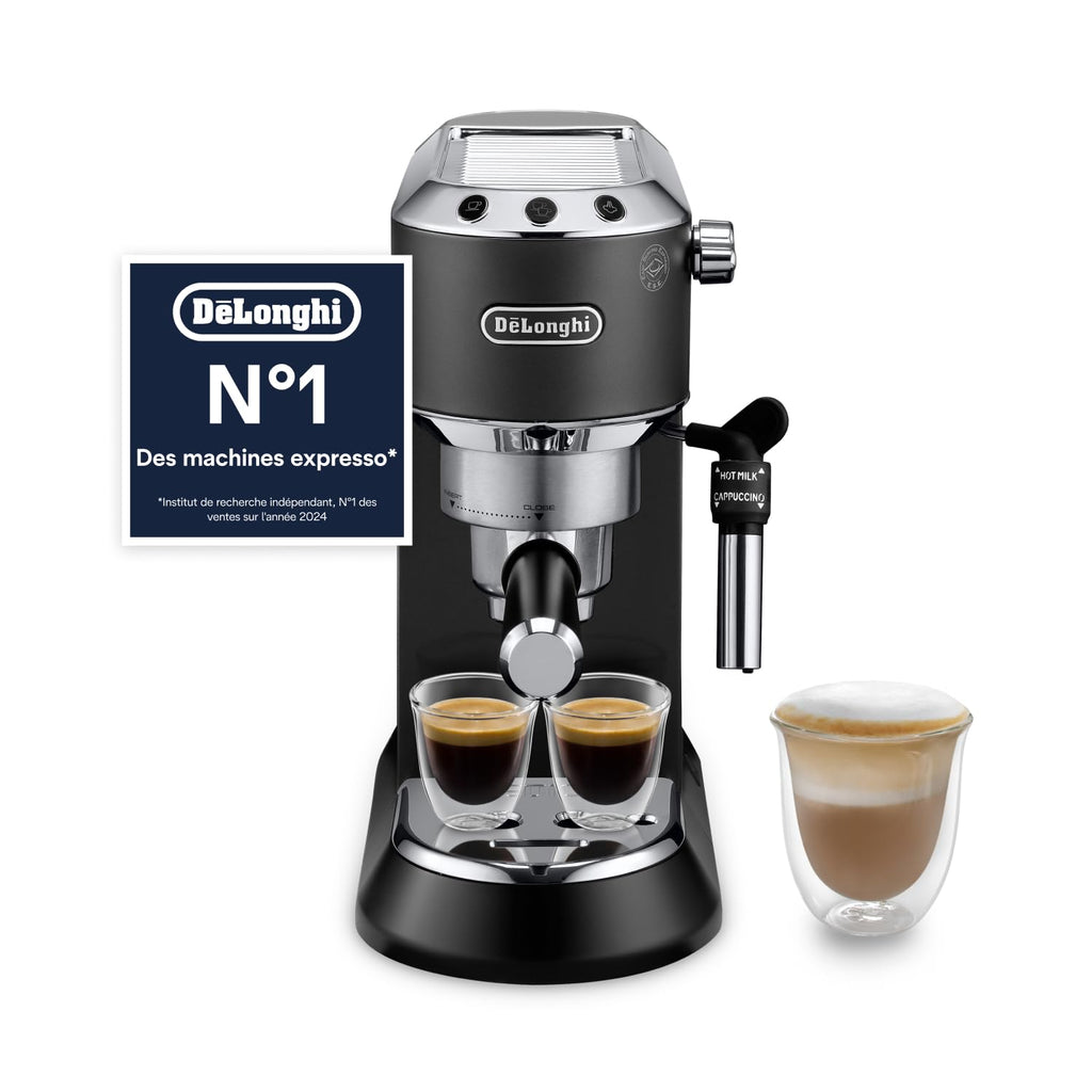 Dedica Style - Perfetto Machine à Expresso Compacte, Mousseur de Lait Manuel pour Expresso et Cappuccino, Compatible Dosettes ESE, Panneau de Commande à Boutons, Largeur 15cm, Noir(EC685.BK)