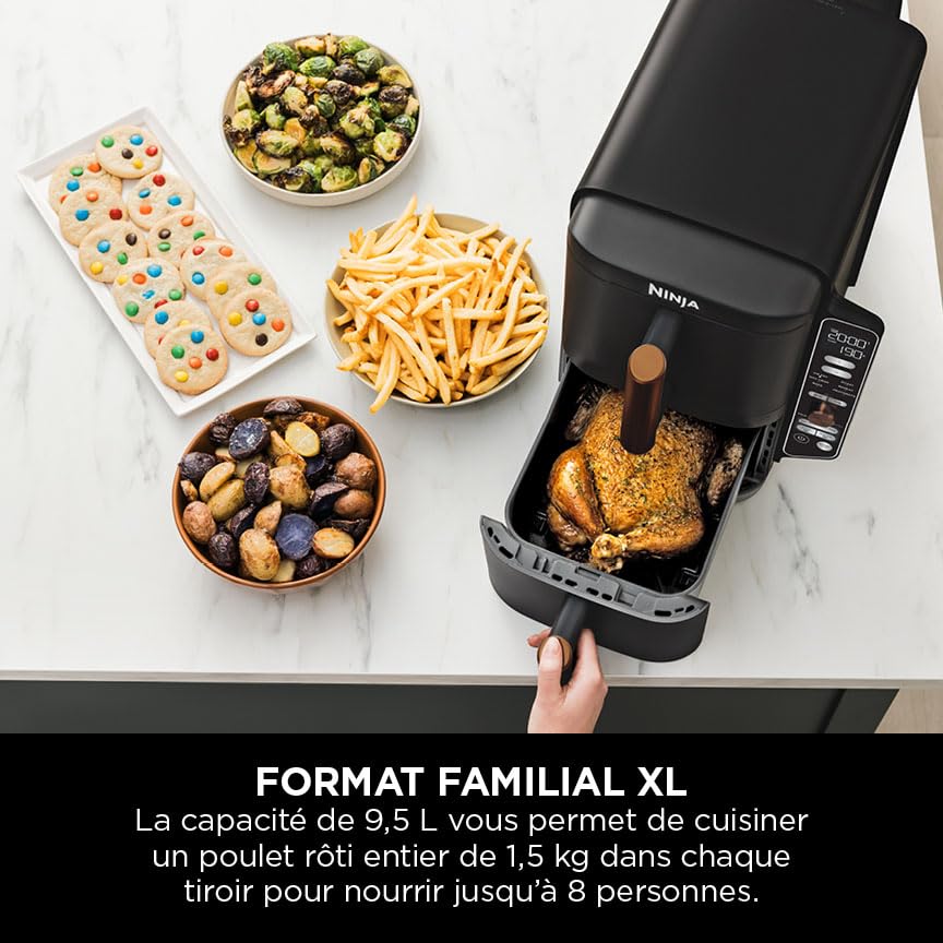 Double Stack XL Air Fryer 2 Compartiments Verticale, Compact, 4 Niveaux de Cuisson, Capacité de 9,5L, Air Fryer 6-en 1, Pièces Antiadhésives Amovibles Lavables Au Lave-Vaisselle, Noir/Cuivre