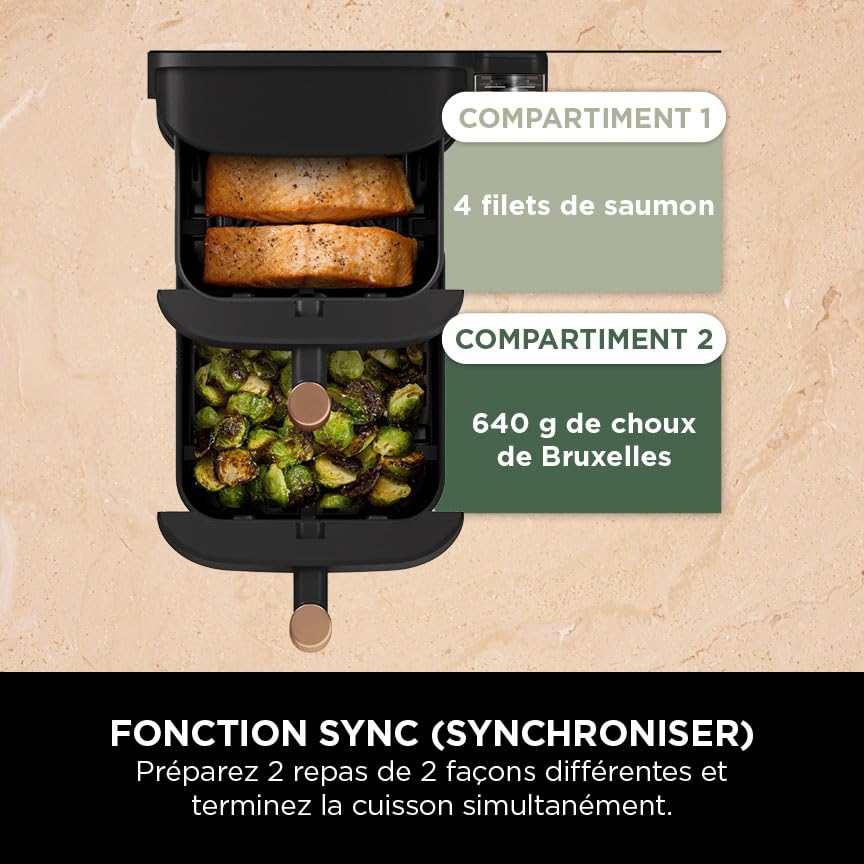 Double Stack XL Air Fryer 2 Compartiments Verticale, Compact, 4 Niveaux de Cuisson, Capacité de 9,5L, Air Fryer 6-en 1, Pièces Antiadhésives Amovibles Lavables Au Lave-Vaisselle, Noir/Cuivre