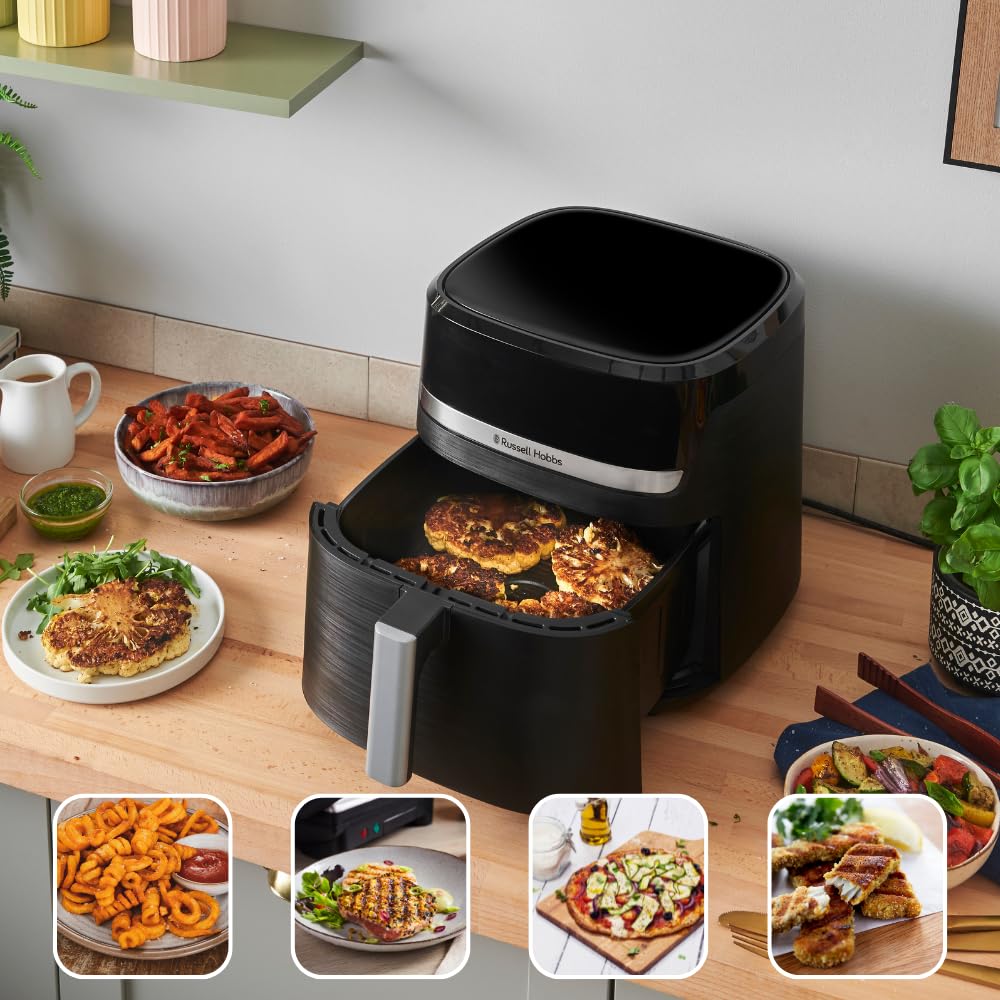 Air Fryer XXL 8,3L Rapid Air (Compact, Silencieux, Pizza Ø 26cm) Friteuse sans huile (9-en-1, Cuit, gril, rôtit et plus, économe, tactile,arrêt auto, compatible lave-vaisselle)