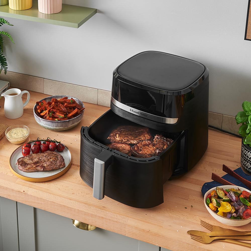 Air Fryer XXL 8,3L Rapid Air (Compact, Silencieux, Pizza Ø 26cm) Friteuse sans huile (9-en-1, Cuit, gril, rôtit et plus, économe, tactile,arrêt auto, compatible lave-vaisselle)