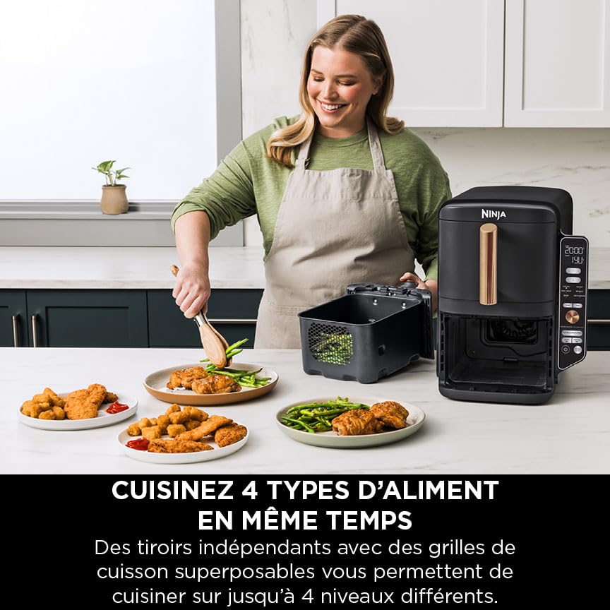 Double Stack XL Air Fryer 2 Compartiments Verticale, Compact, 4 Niveaux de Cuisson, Capacité de 9,5L, Air Fryer 6-en 1, Pièces Antiadhésives Amovibles Lavables Au Lave-Vaisselle, Noir/Cuivre