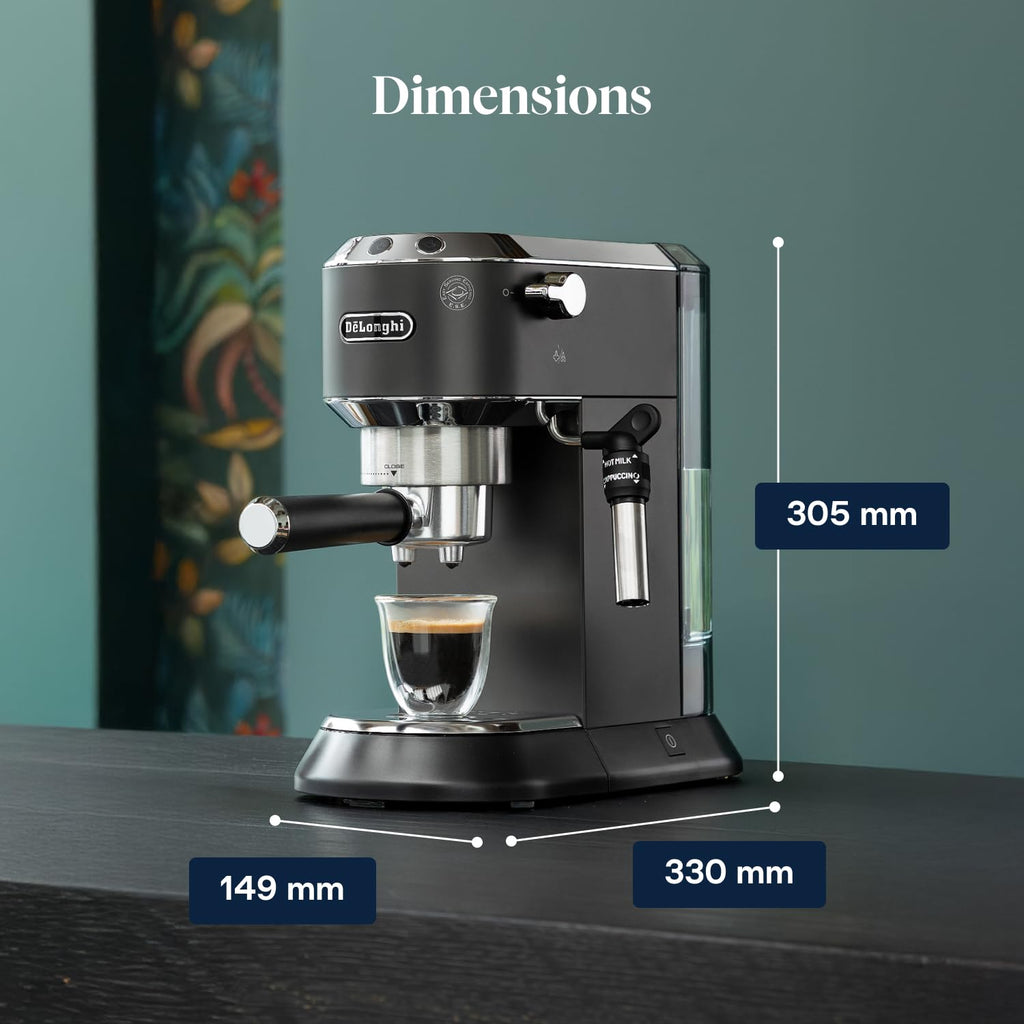 Dedica Style - Perfetto Machine à Expresso Compacte, Mousseur de Lait Manuel pour Expresso et Cappuccino, Compatible Dosettes ESE, Panneau de Commande à Boutons, Largeur 15cm, Noir(EC685.BK)