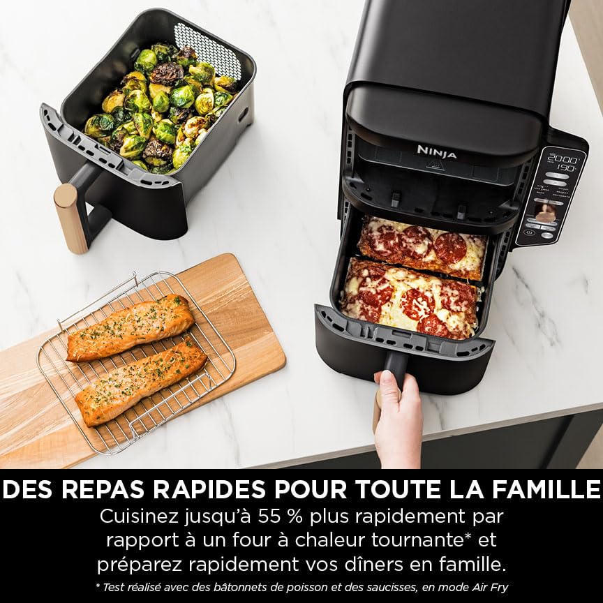 Double Stack XL Air Fryer 2 Compartiments Verticale, Compact, 4 Niveaux de Cuisson, Capacité de 9,5L, Air Fryer 6-en 1, Pièces Antiadhésives Amovibles Lavables Au Lave-Vaisselle, Noir/Cuivre