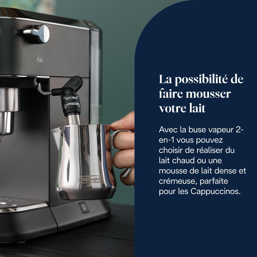 Dedica Style - Perfetto Machine à Expresso Compacte, Mousseur de Lait Manuel pour Expresso et Cappuccino, Compatible Dosettes ESE, Panneau de Commande à Boutons, Largeur 15cm, Noir(EC685.BK)