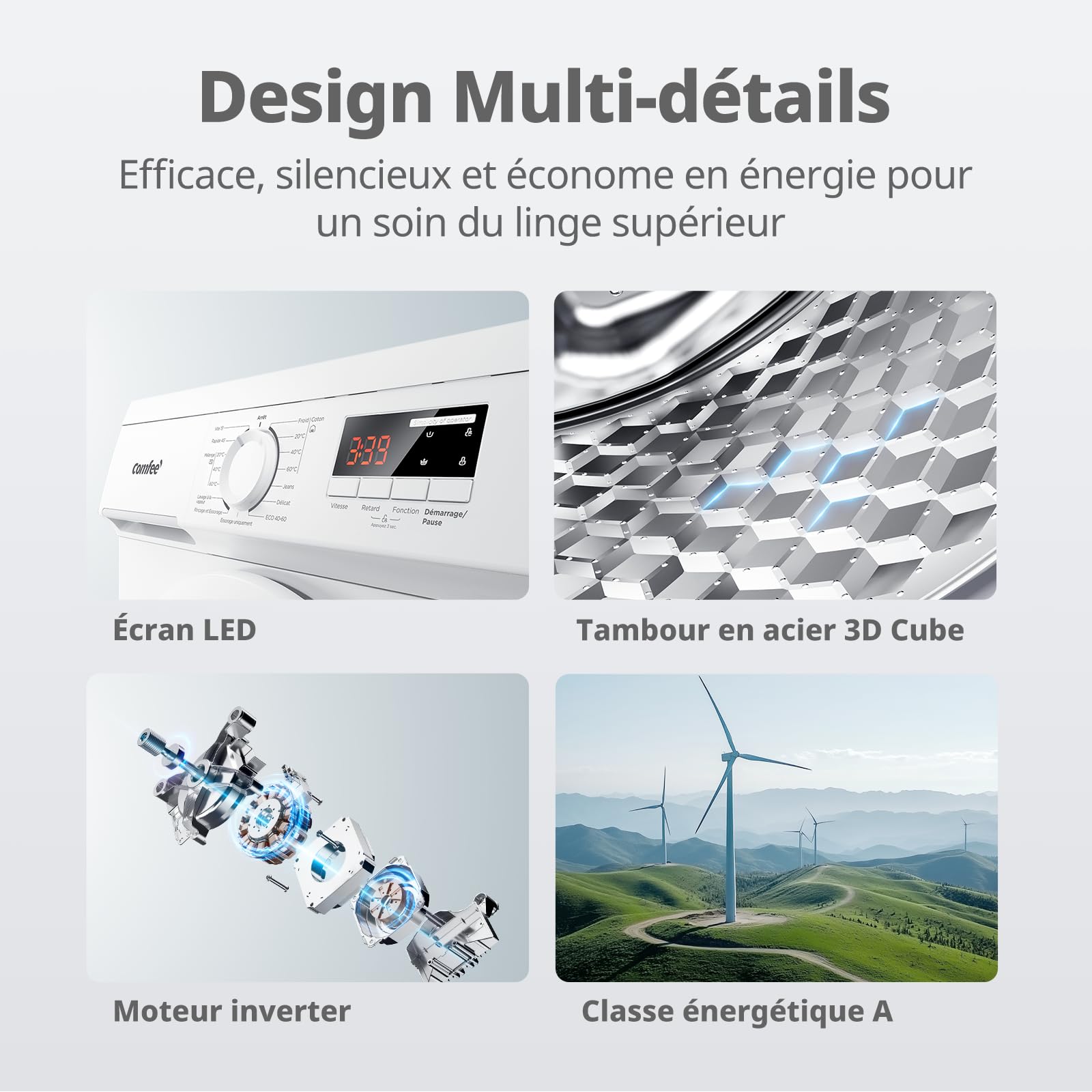 Lave-linge frontal 8KG, Classe énergétique A, Moteur BLDC 1400 tr-min, 15 Programmes, Prélavage, Blanc [Classe énergétique A]