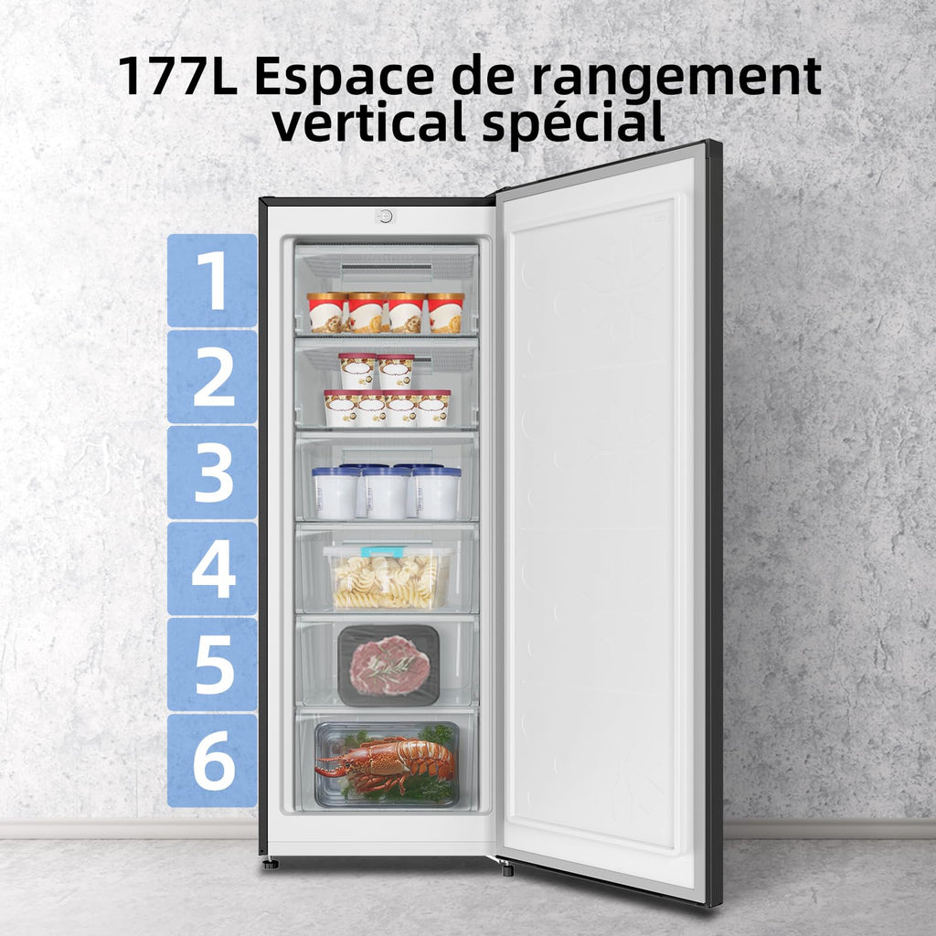 Congélateur armoire – 177L, Congélation 4 étoiles, Ultra silencieux (39 dB), Design en acier noir, Pieds réglables, Porte réversible 540 x 550 x 1440 mm