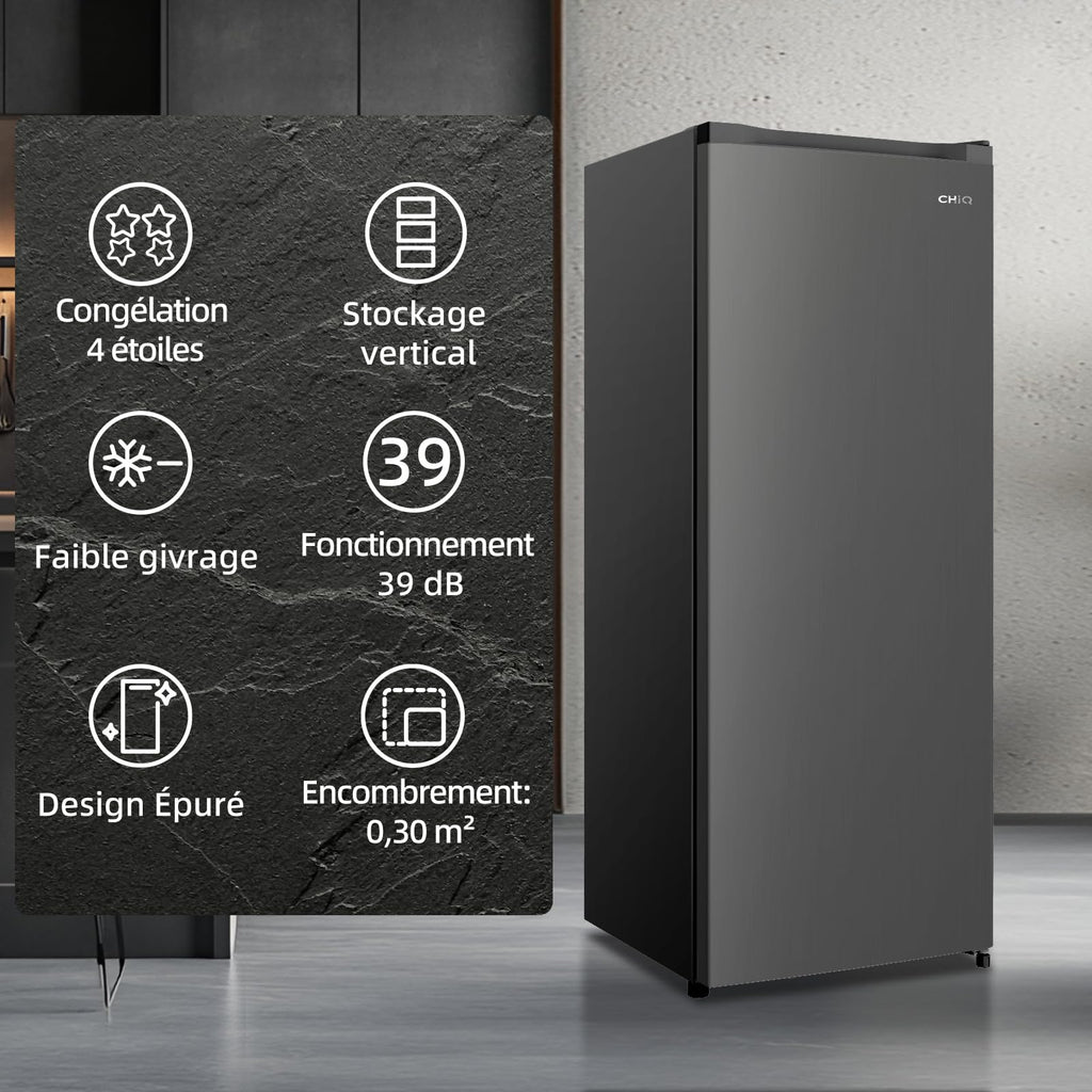 Congélateur armoire – 177L, Congélation 4 étoiles, Ultra silencieux (39 dB), Design en acier noir, Pieds réglables, Porte réversible 540 x 550 x 1440 mm