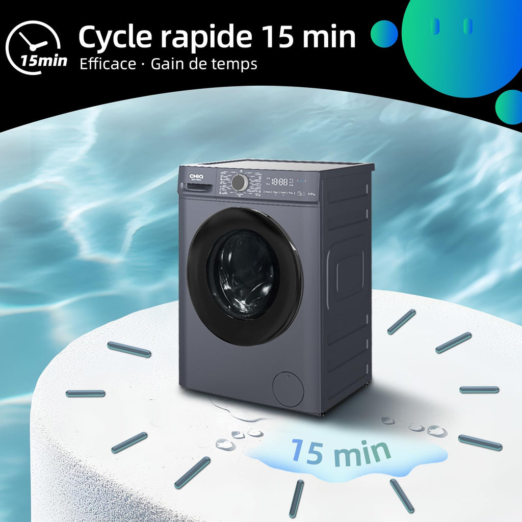 Lave linge hublot - 7kg, Classe énergétique A, Moteur BLDC 1200 RPM, Lavage vapeur & rapide, 15 programmes, Design compact (60x46.5x84cm) - Gris