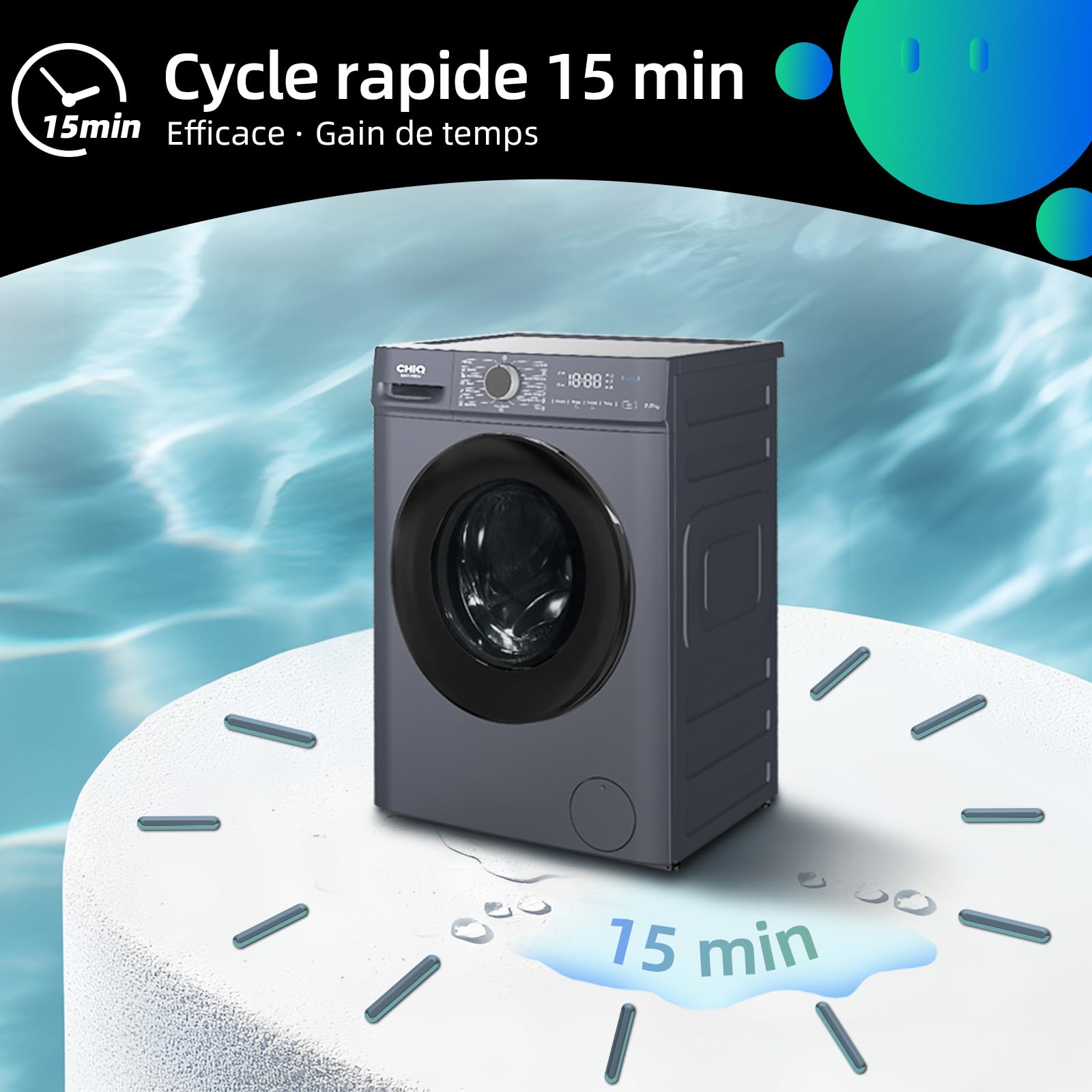 Lave linge hublot - 7kg, Classe énergétique A, Moteur BLDC 1200 RPM, Lavage vapeur & rapide, 15 programmes, Design compact (60x46.5x84cm) - Gris