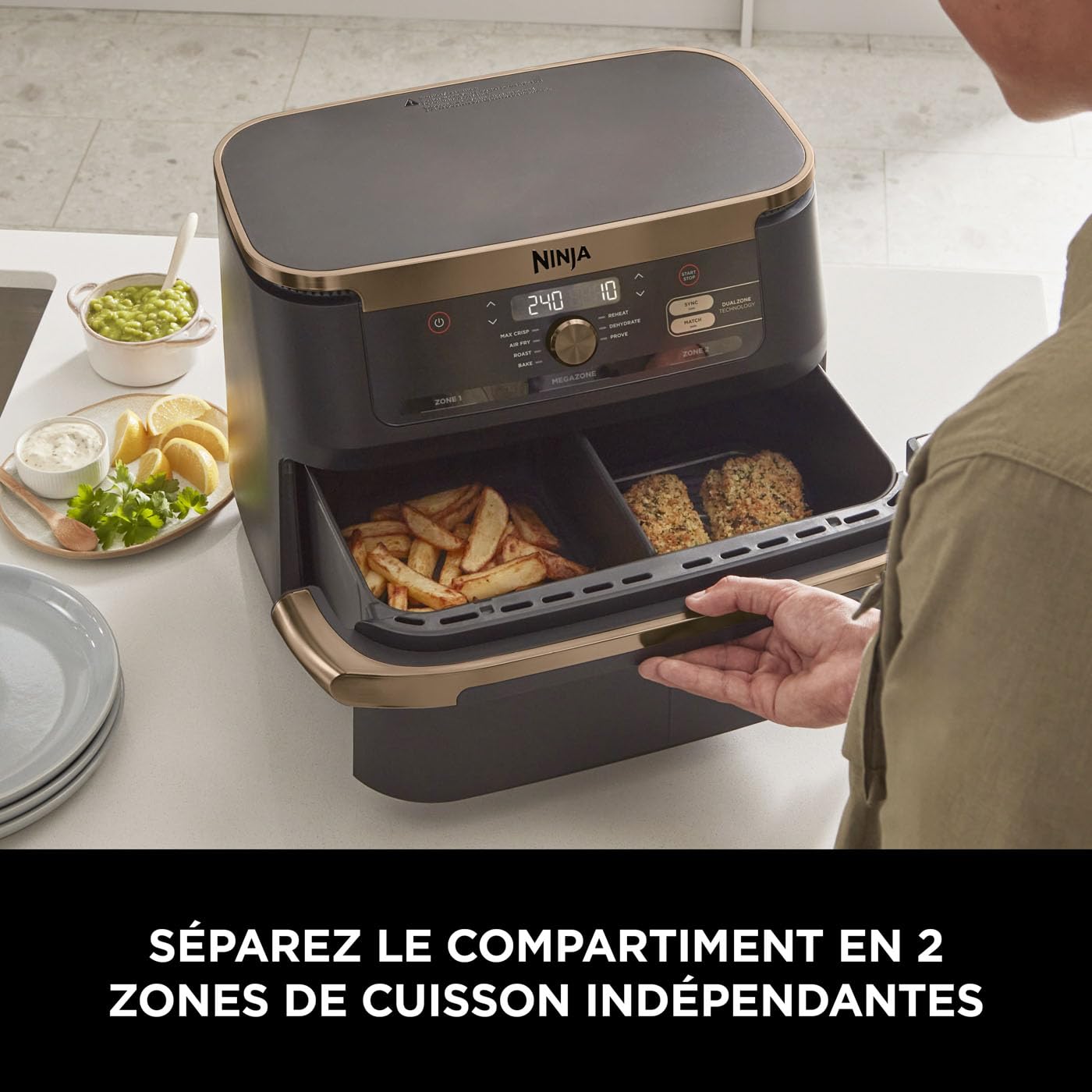 Foodi FlexDrawer Air Fryer, Dual Zone Avec Séparateur Amovible, Grand Tiroir de 10.4 L, 7-en-1, Double Zone, Pièces Antiadhésives Compatibles Au Lave-Vaisselle, Noir & Cuivre