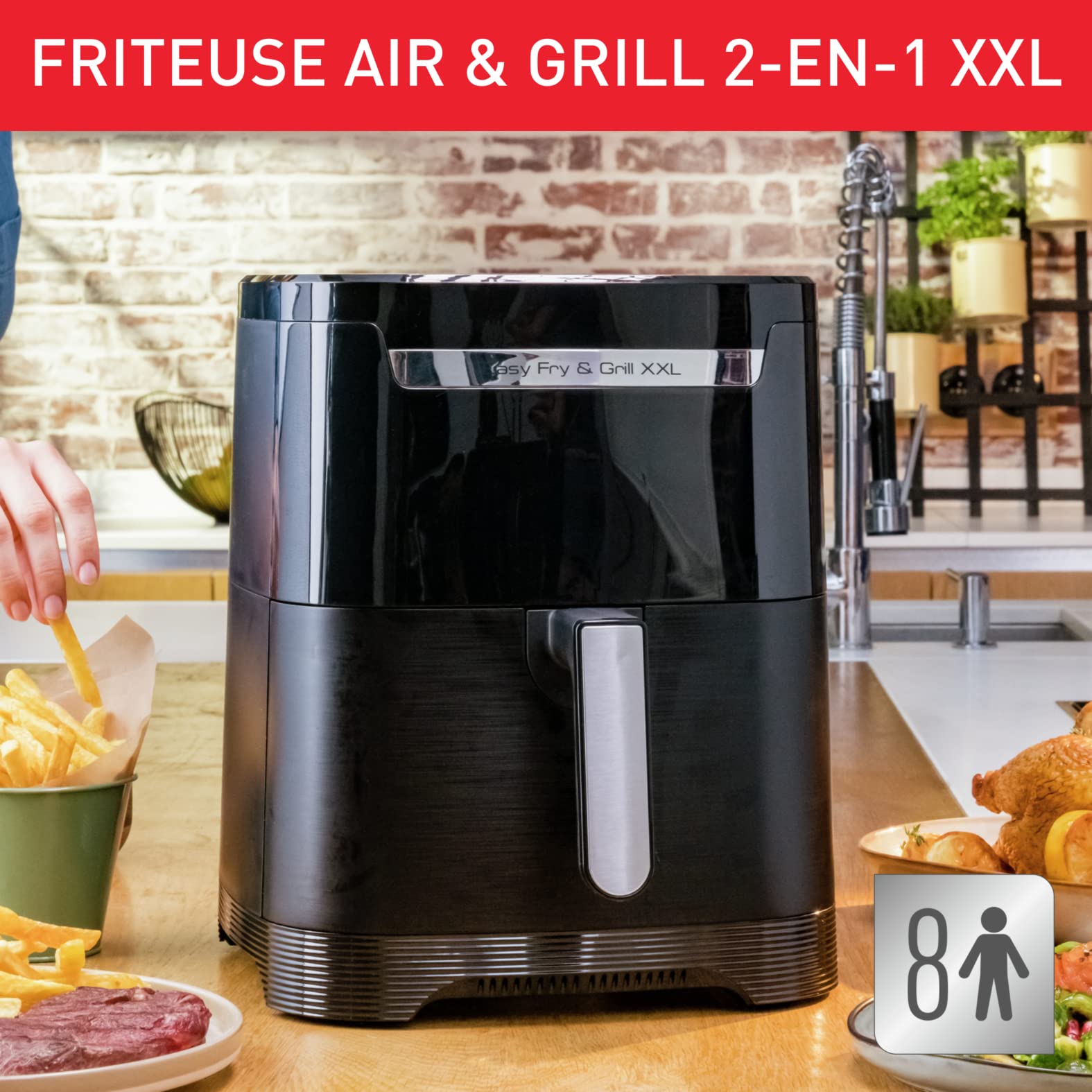 Easy Fry & Grill XXL Friteuse sans huile + gril, Capacité 6,5 L, Jusqu’à 8 personnes, 8 programmes automatiques, Séparateur double cuisson, Application, air fryer