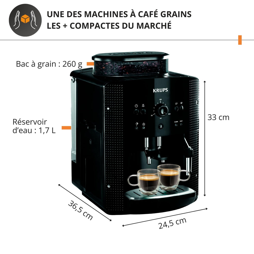 Machine à café grain, machine expresso, 2 tasses en simultané, Nettoyage automatique, Buse vapeur pour Cappuccino, Cafetière espresso, Essential noire