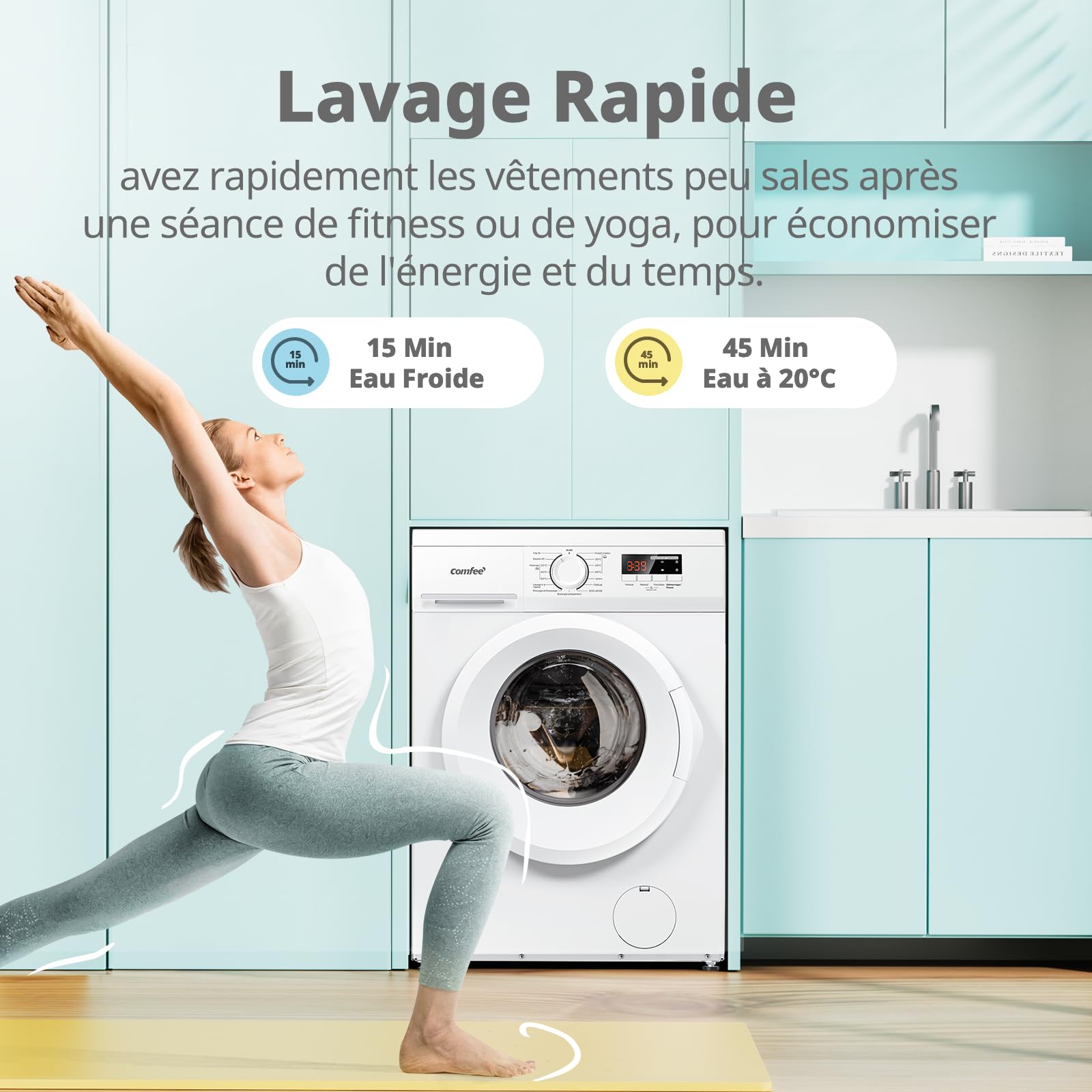 Lave-linge frontal 8KG, Classe énergétique A, Moteur BLDC 1400 tr-min, 15 Programmes, Prélavage, Blanc [Classe énergétique A]
