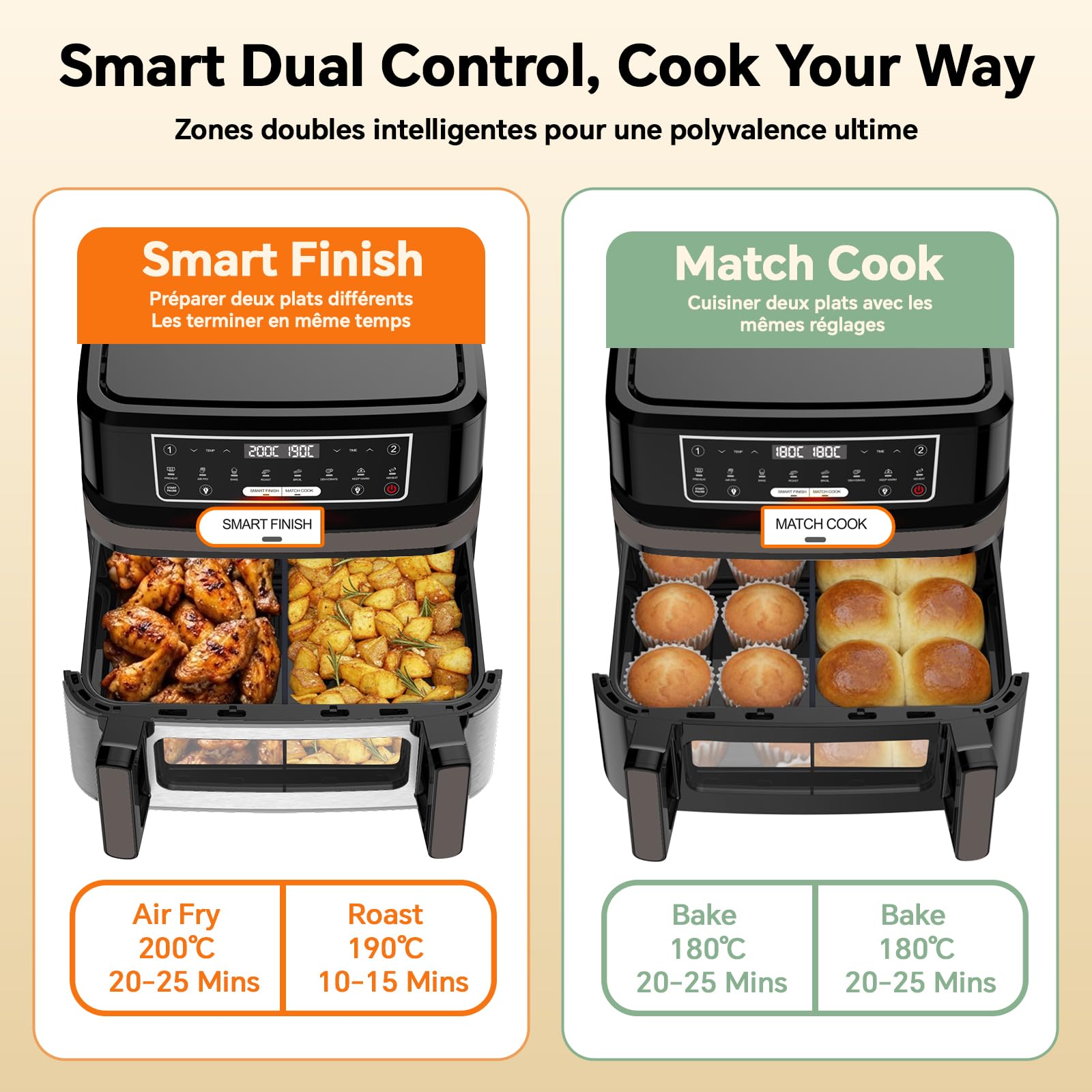 Friteuse sans Huile 12L XXL avec Technologie Dual Zone 2-en-1, Air Fryer 2600W avec Fenêtre de Visualisation & Éclairage, Smart Finish & Match Cook, 8 Programmes, Séparateur & Livre de Recettes Inclus