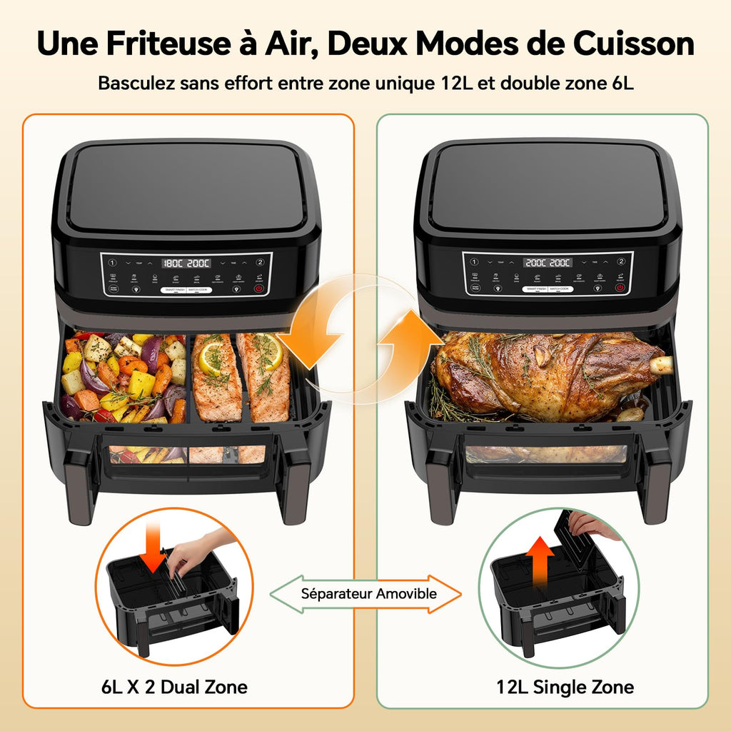 Friteuse sans Huile 12L XXL avec Technologie Dual Zone 2-en-1, Air Fryer 2600W avec Fenêtre de Visualisation & Éclairage, Smart Finish & Match Cook, 8 Programmes, Séparateur & Livre de Recettes Inclus