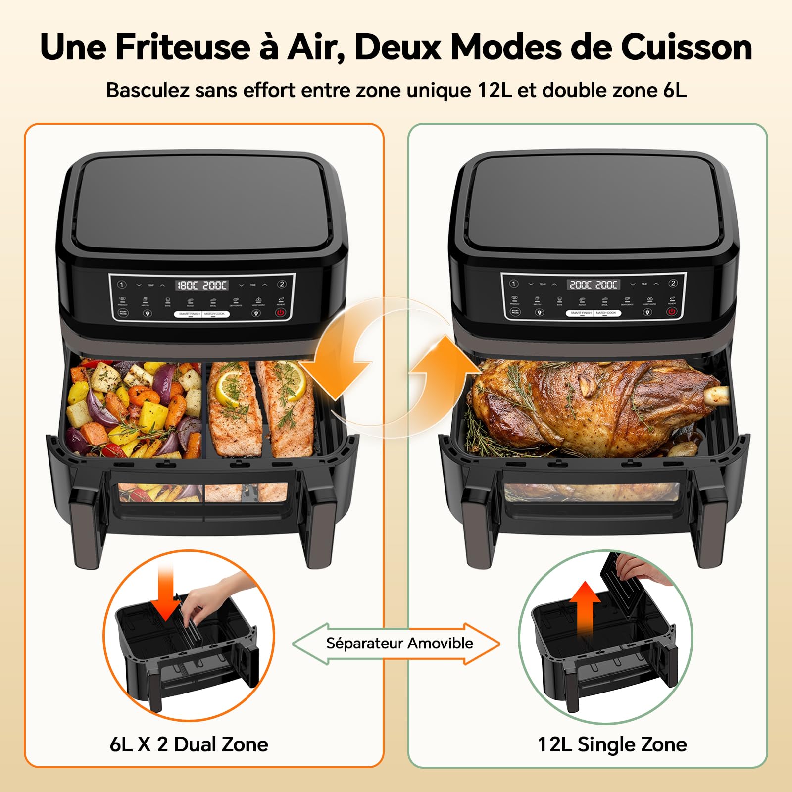 Friteuse sans Huile 12L XXL avec Technologie Dual Zone 2-en-1, Air Fryer 2600W avec Fenêtre de Visualisation & Éclairage, Smart Finish & Match Cook, 8 Programmes, Séparateur & Livre de Recettes Inclus