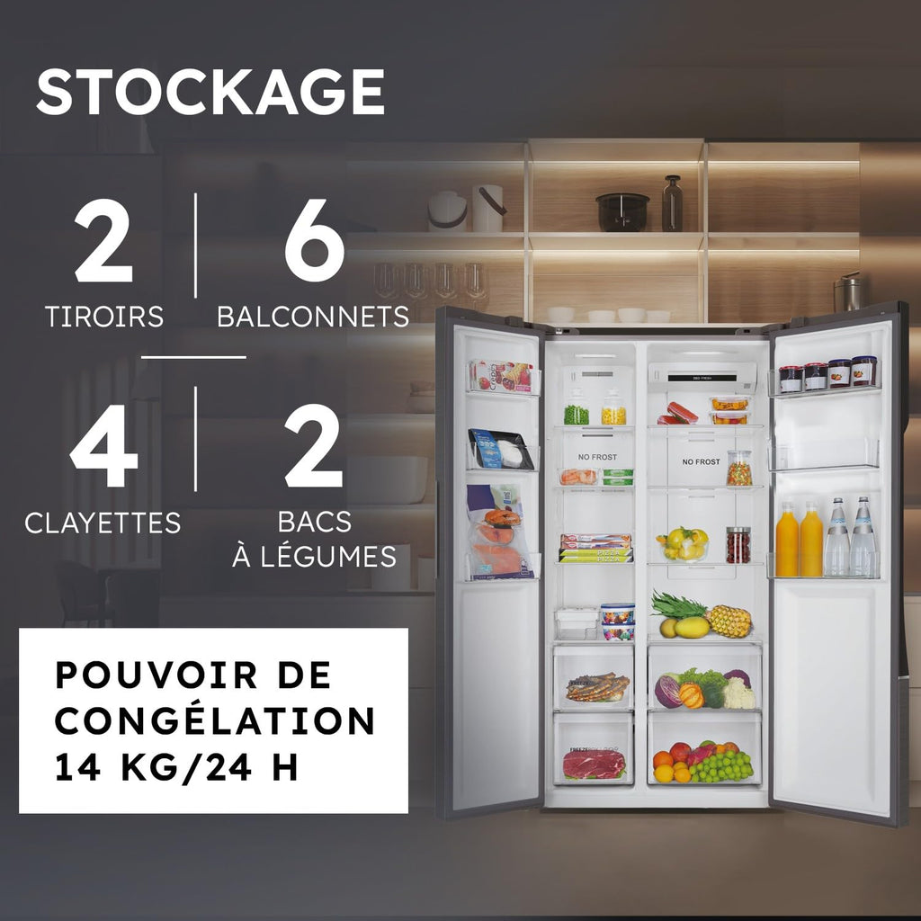 Réfrigérateur Américain - 2 Portes - Classe Énergétique E - Technologie Total No Frost Multi Air Flow - Inox - 337L + 191L (Congélateur) - 177,5 x 90,8 x 64,7 cm