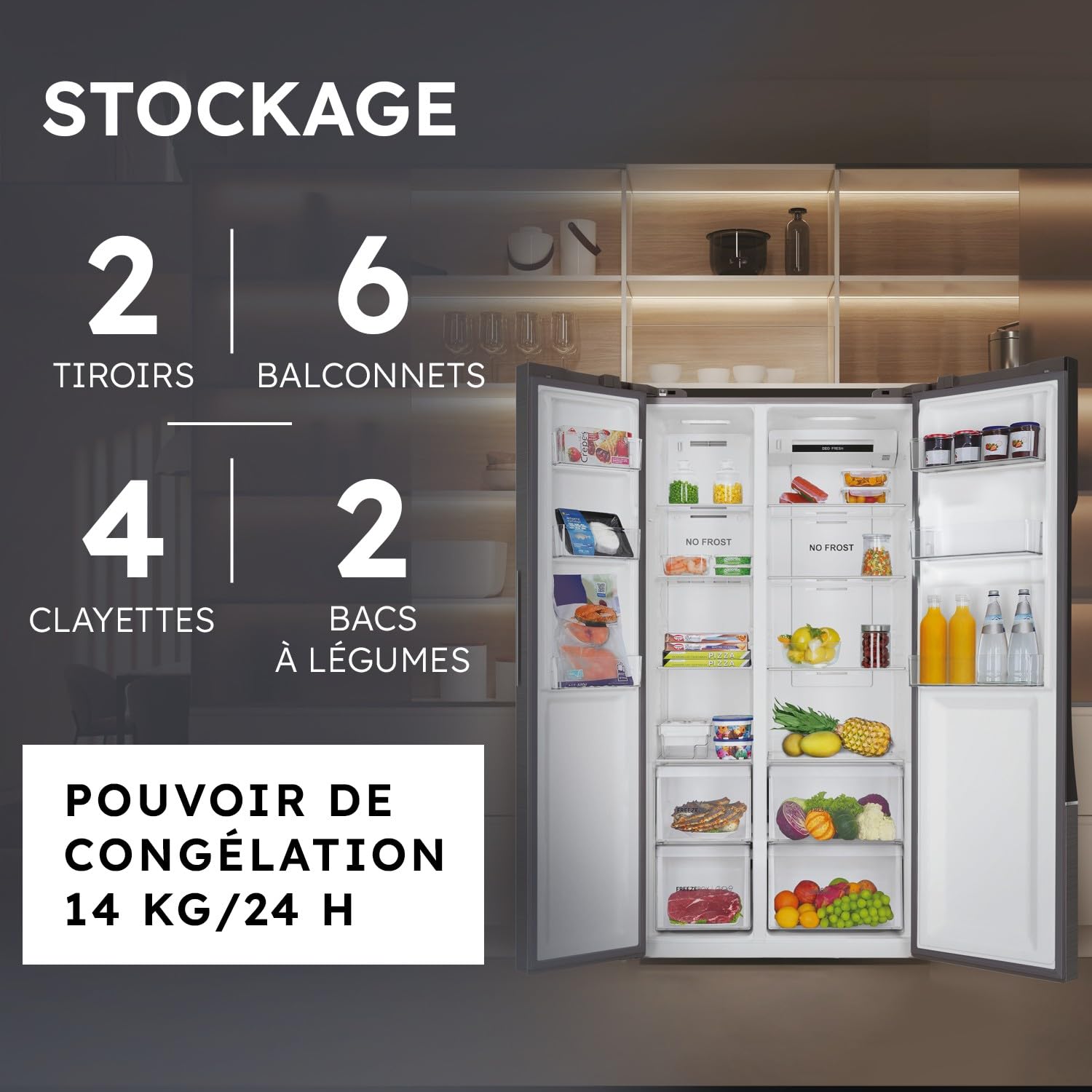 Réfrigérateur Américain - 2 Portes - Classe Énergétique E - Technologie Total No Frost Multi Air Flow - Inox - 337L + 191L (Congélateur) - 177,5 x 90,8 x 64,7 cm