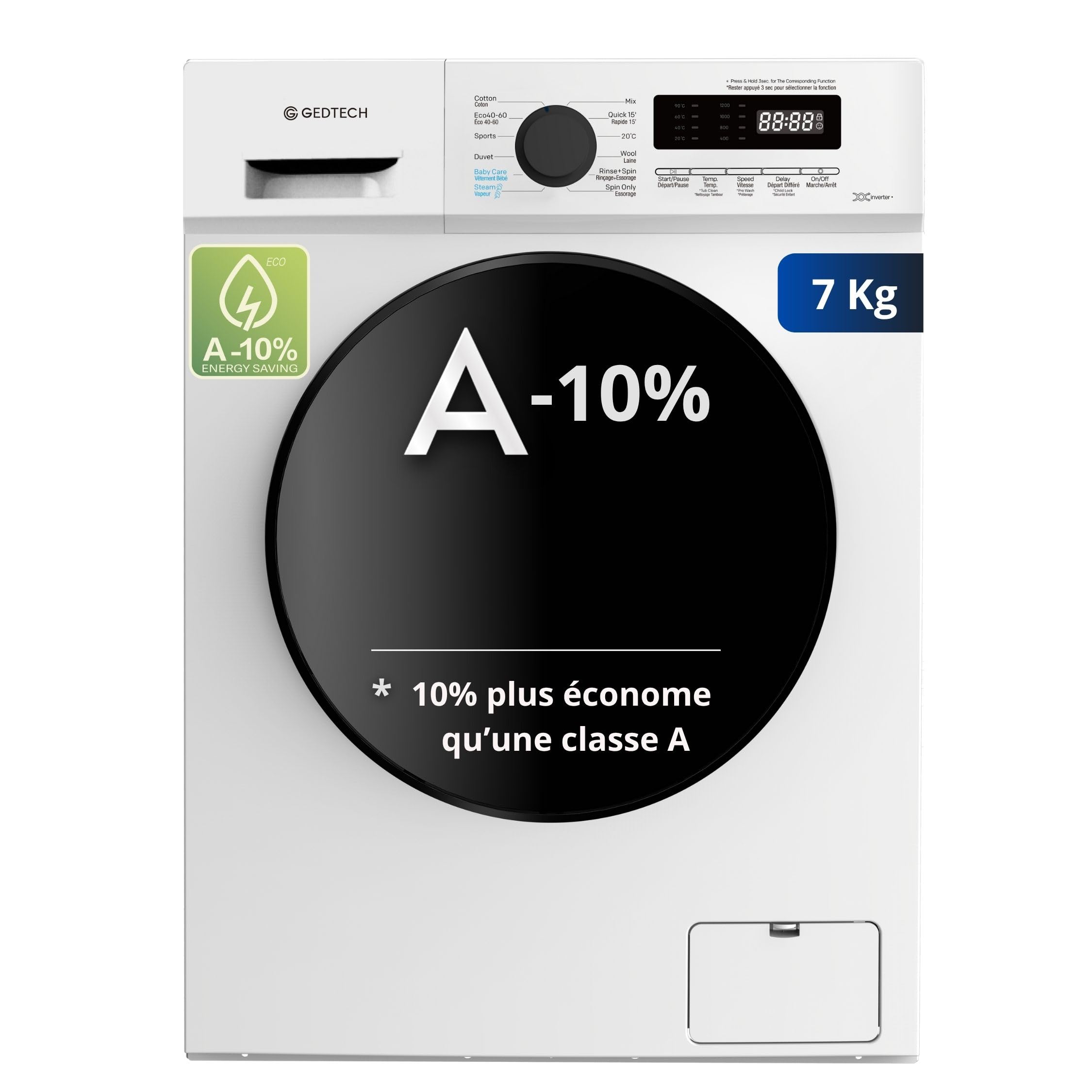 Lave-linge frontal - 7 Kgs - 1200 tr/mn - 16 programmes - Eco - Intensif - Rapide – Très Faible conso